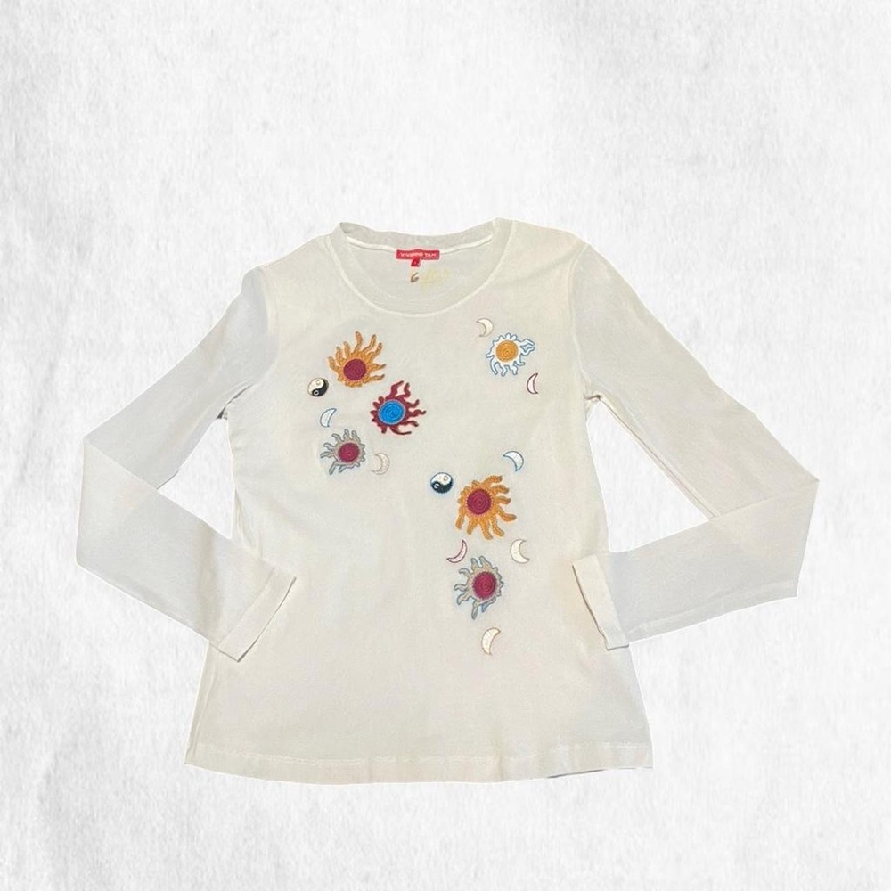 Vivienne Tam celestial cream mesh long sleeve top with sun and moon embroidery